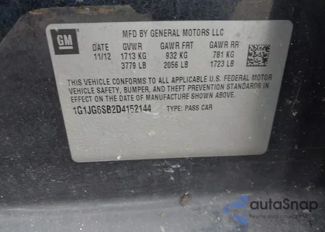 2013 Chevrolet Sonic Rs Auto z USA, uszkodzony, nr VIN 1G1JG6SB2D4152144